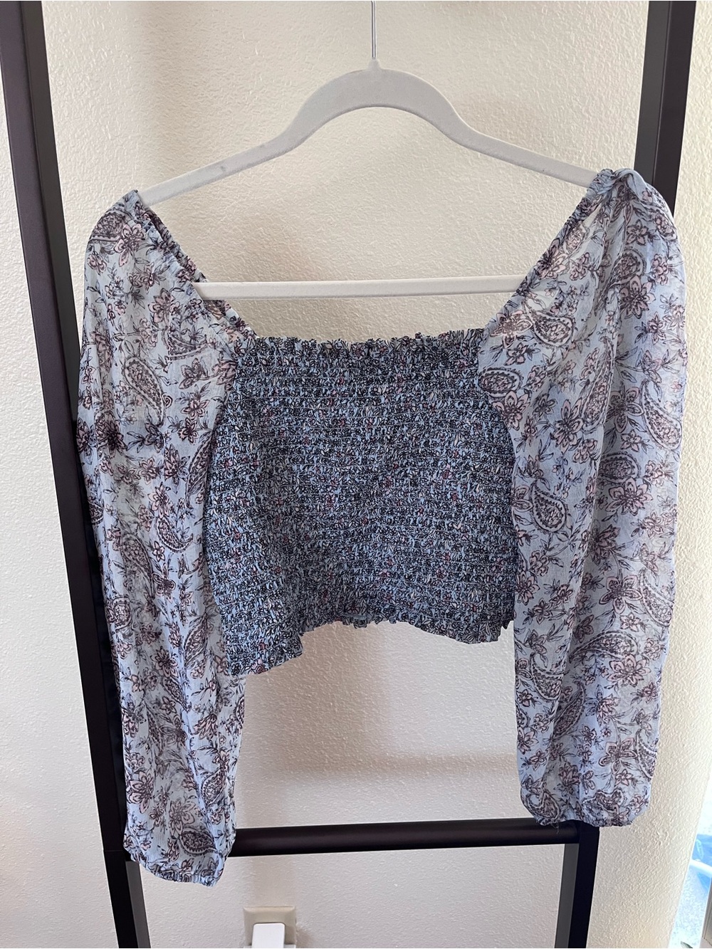 American Eagle Outfitters Light Blue Paisley Smocked Crop Top with Sheer Sleeves